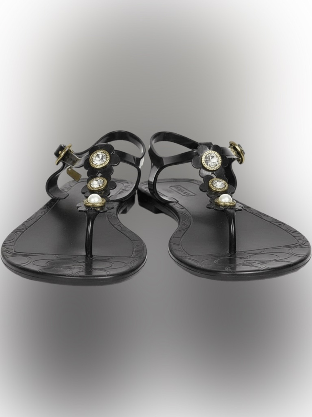 Coach Black Jelly Floral T-Strap Sandals with Gold Accents - Picture 2 of 6